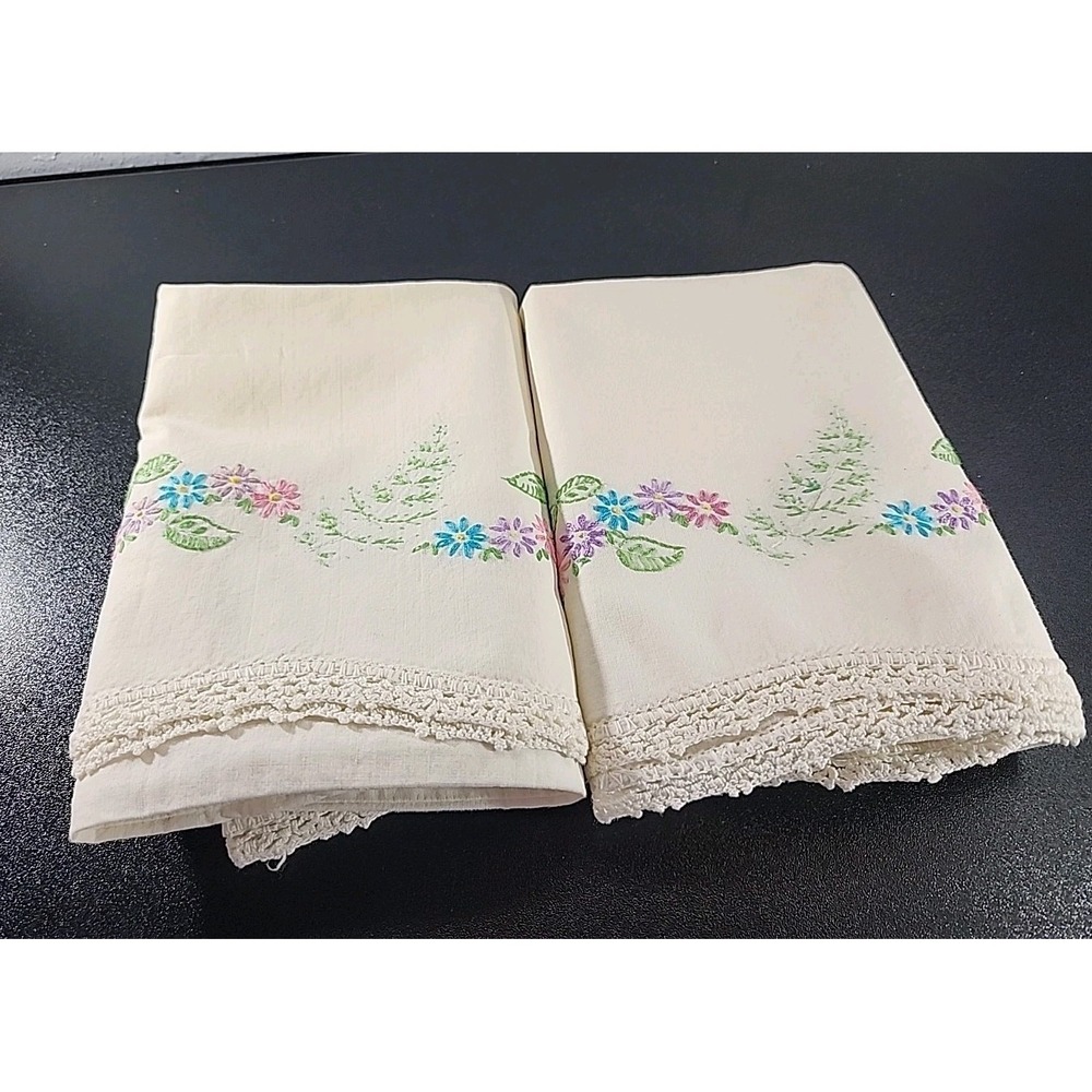 Vintage‎ White Embroidered pillow Cases Granny Style Pink and Green Flowers  #2